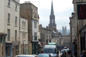 A church and the Abbey in the background