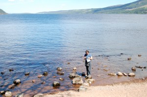 Sarah sock knitting in Loch Ness