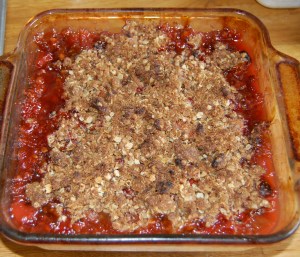 A completed strawberry-rhubarb crumble