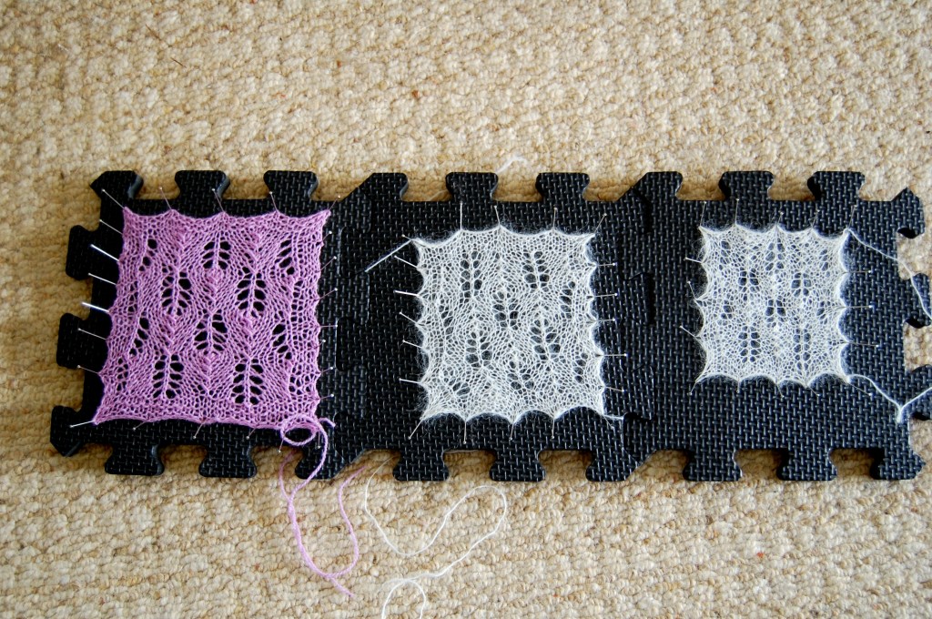 From Left: Pattern done in Jamieson & Smith 2 Ply Lace Yarn with a 2.5mm needle.  Pattern done in alpaca single lace weight with same needles.  Pattern done in alpaca lace weight with 2mm needles.